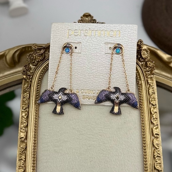 Persimmon Opal & Cubic Zirconia Bird Drop Earrings – Luxe Boho Statement - Picture 10 of 10